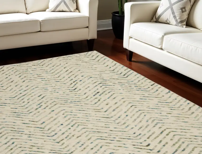 Ivory Blue and Green Wool Chevron Area Rug Photo 1