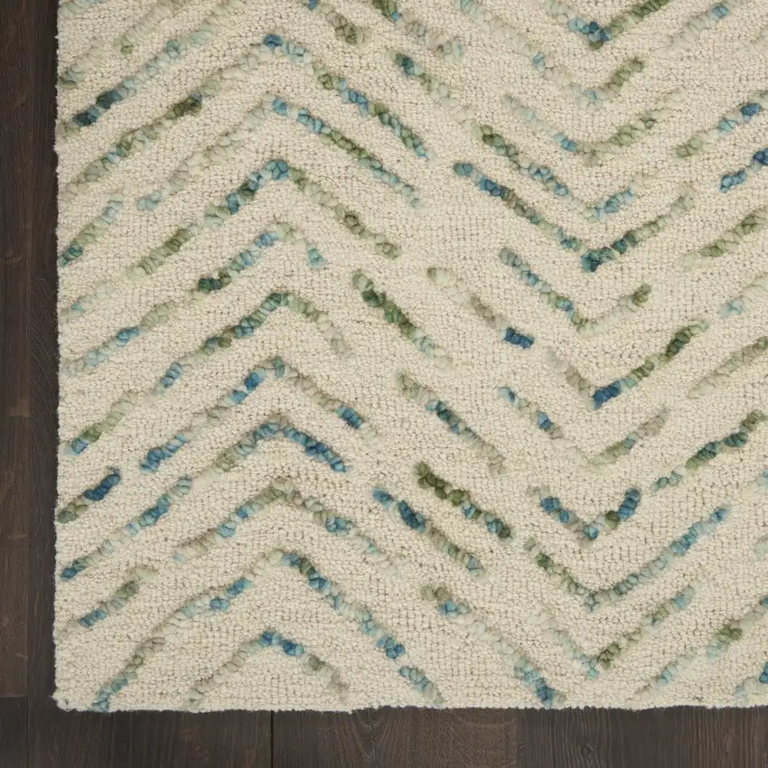 Ivory Blue and Green Wool Chevron Area Rug Photo 9