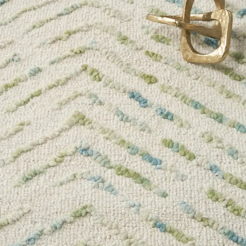 Ivory Blue and Green Wool Chevron Area Rug Photo 7