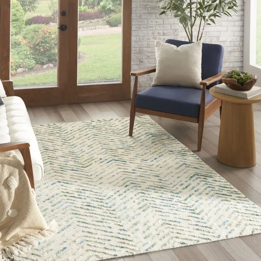 Ivory Blue and Green Wool Chevron Area Rug Photo 5