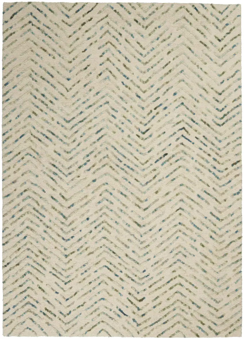 Ivory Blue and Green Wool Chevron Area Rug Photo 1