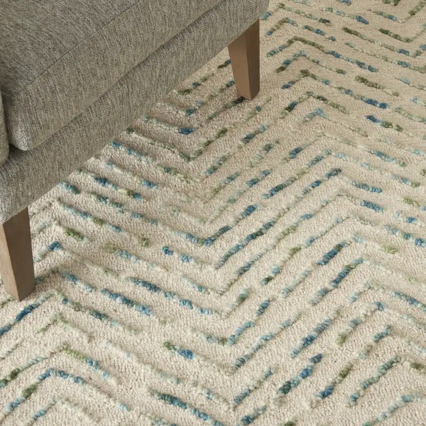 Ivory Blue and Green Wool Chevron Area Rug Photo 6