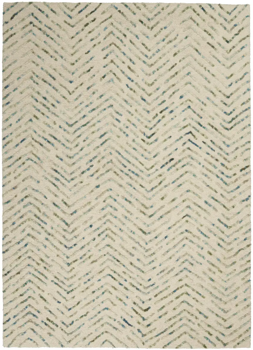 Ivory Blue and Green Wool Chevron Area Rug Photo 2