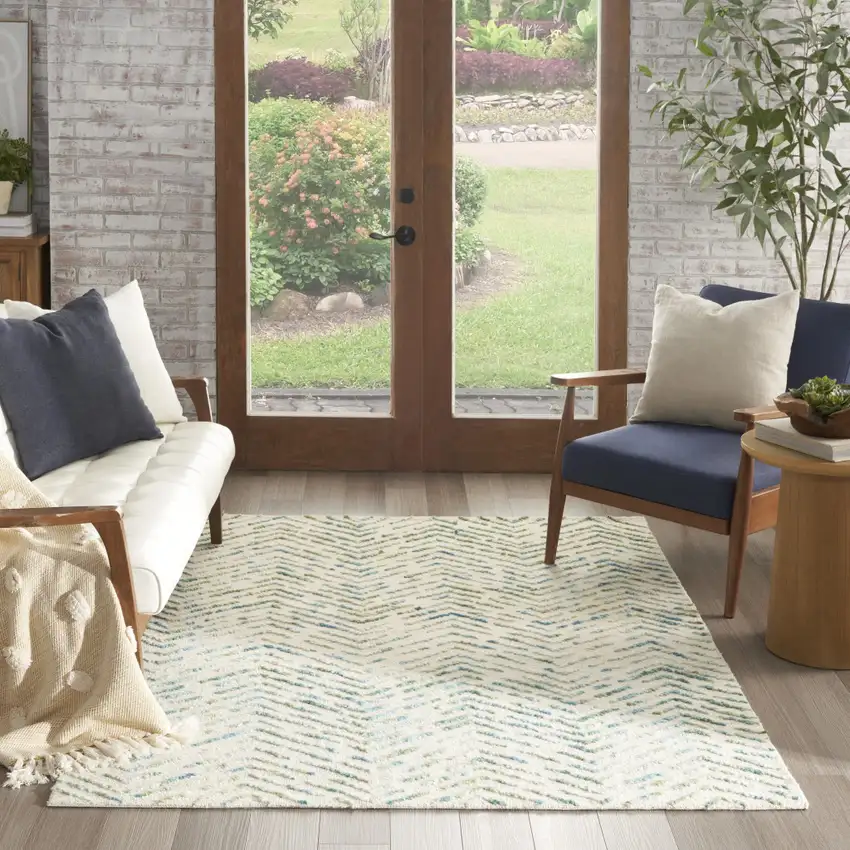 Ivory Blue and Green Wool Chevron Area Rug Photo 7