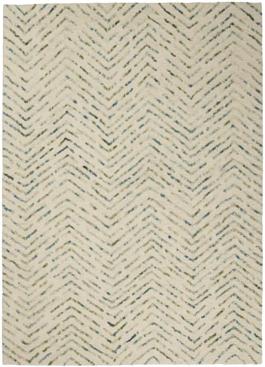 Ivory Blue and Green Wool Chevron Area Rug Photo 8