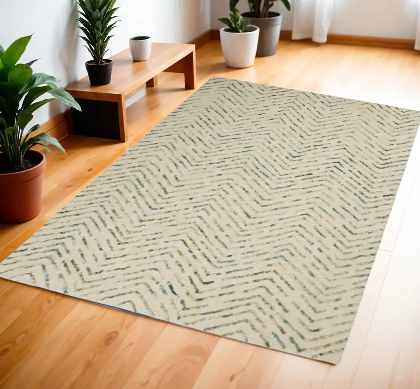 Ivory Blue and Green Wool Chevron Area Rug Photo 1