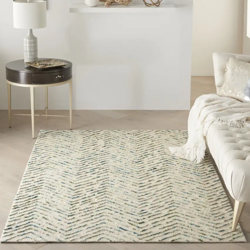 Ivory Blue and Green Wool Chevron Area Rug Photo 6