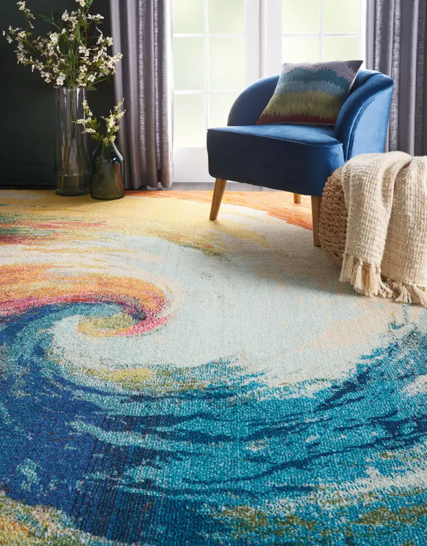 Ivory Blue and Orange Abstract Non Skid Area Rug Photo 4