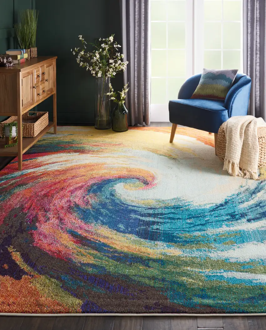 Ivory Blue and Orange Abstract Non Skid Area Rug Photo 5