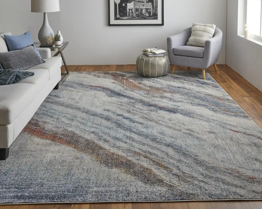 Ivory Blue and Orange Abstract Power Loom Area Rug Photo 6