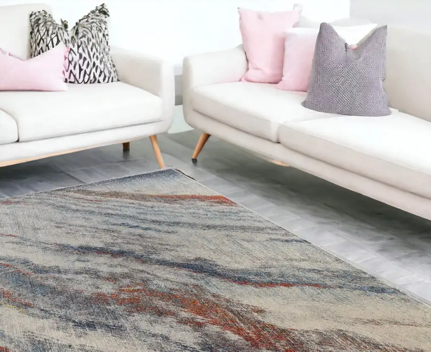 Ivory Blue and Orange Abstract Power Loom Area Rug Photo 1
