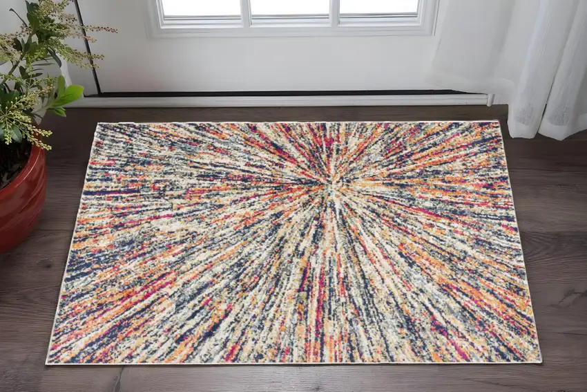 Ivory Blue and Orange Abstract Washable Non Skid Area Rug Photo 1