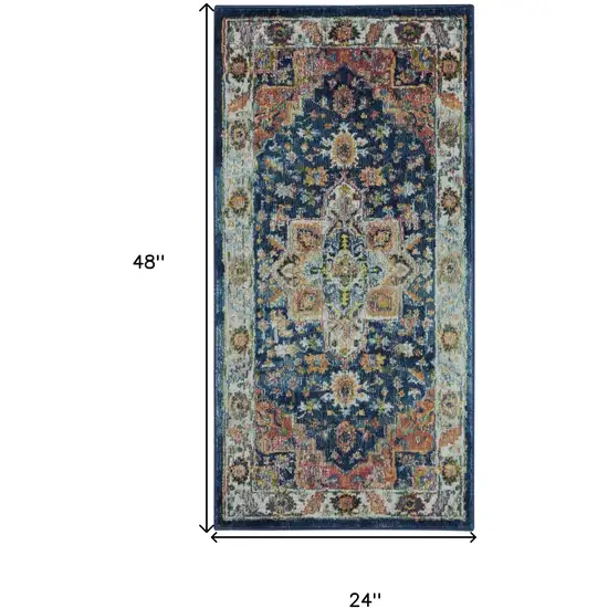 Ivory Blue and Orange Floral Distressed Non Skid Area Rug Photo 3