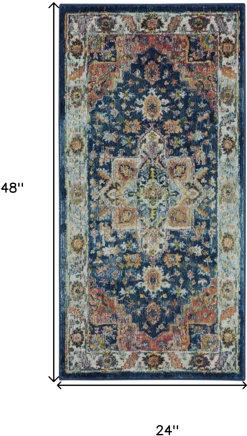 Ivory Blue and Orange Floral Distressed Non Skid Area Rug Photo 3