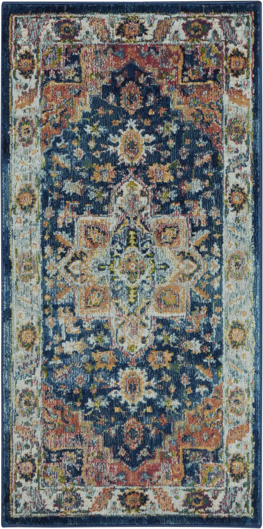 Ivory Blue and Orange Floral Distressed Non Skid Area Rug Photo 2