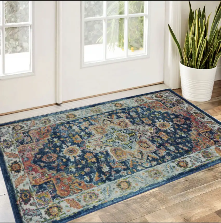 Ivory Blue and Orange Floral Distressed Non Skid Area Rug Photo 1