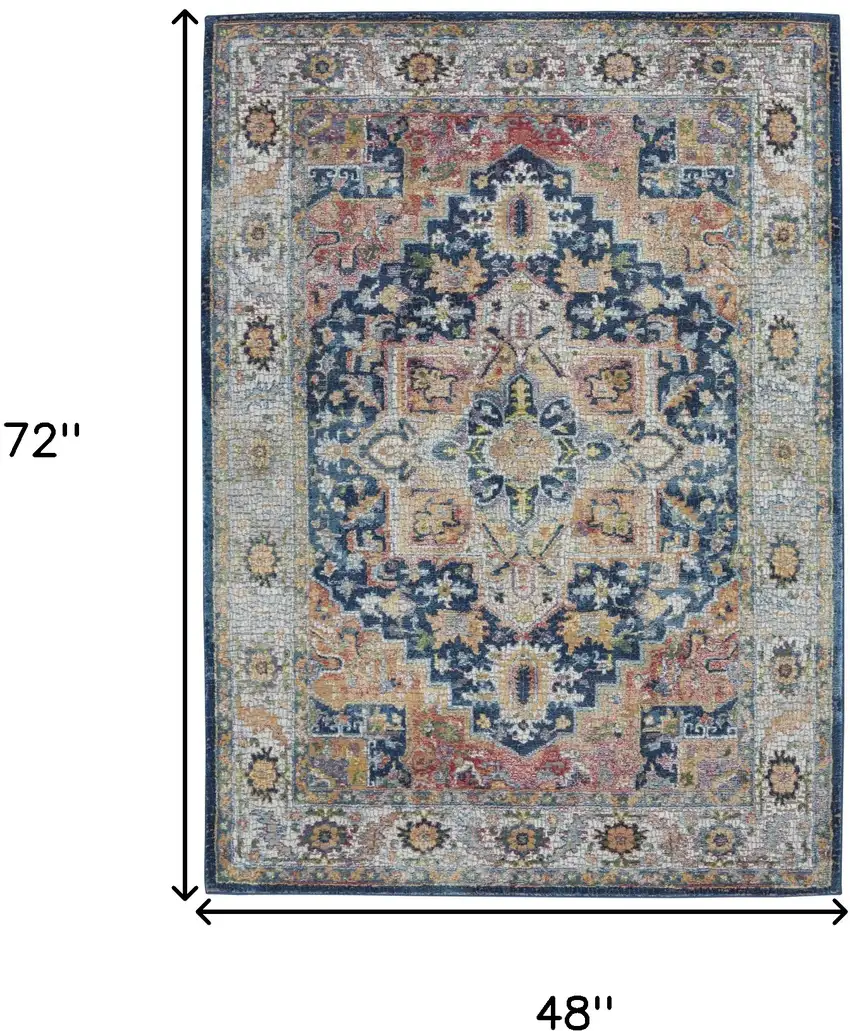 Ivory Blue and Orange Floral Medallion Distressed Non Skid Area Rug Photo 3