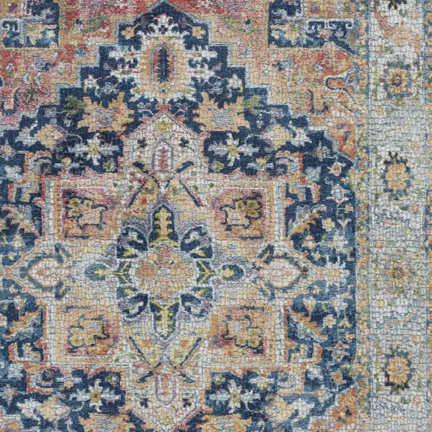 Ivory Blue and Orange Floral Medallion Distressed Non Skid Area Rug Photo 1