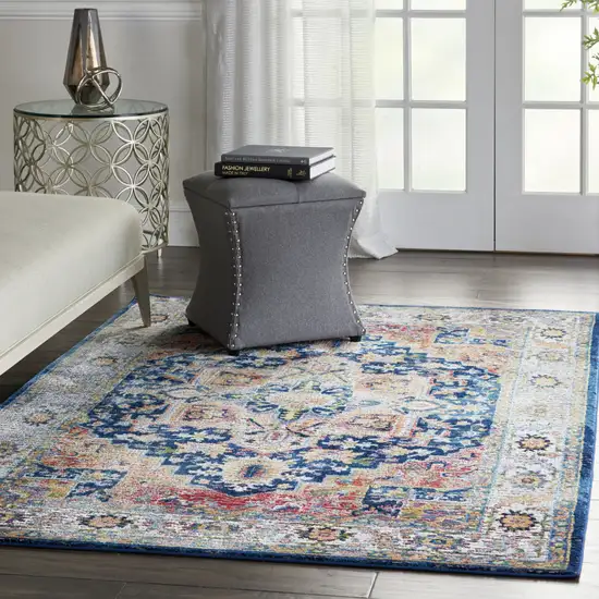 Ivory Blue and Orange Floral Medallion Distressed Non Skid Area Rug Photo 6