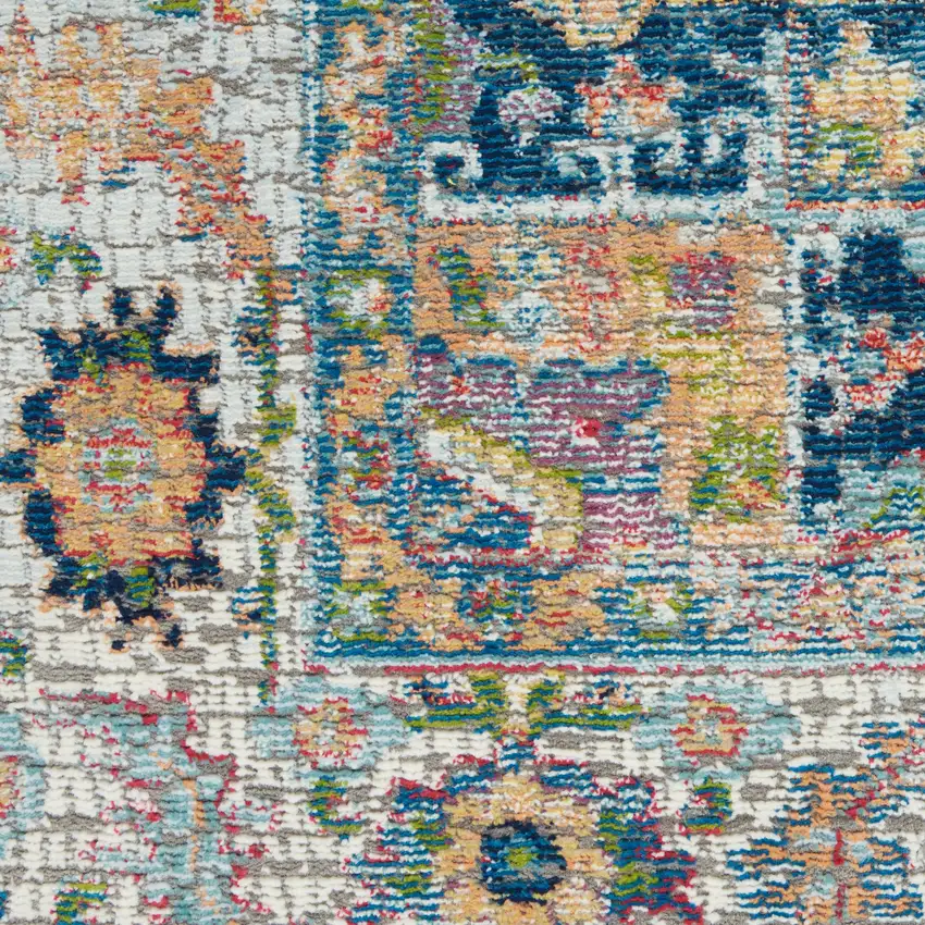 Ivory Blue and Orange Floral Medallion Distressed Non Skid Area Rug Photo 8
