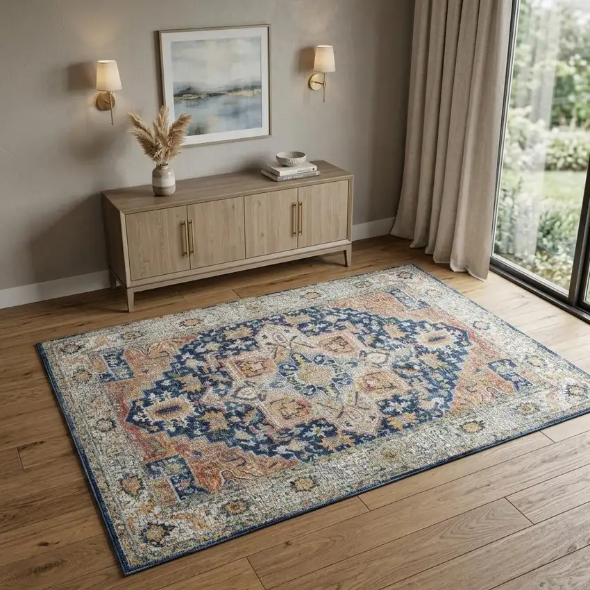 Ivory Blue and Orange Floral Medallion Distressed Non Skid Area Rug Photo 1