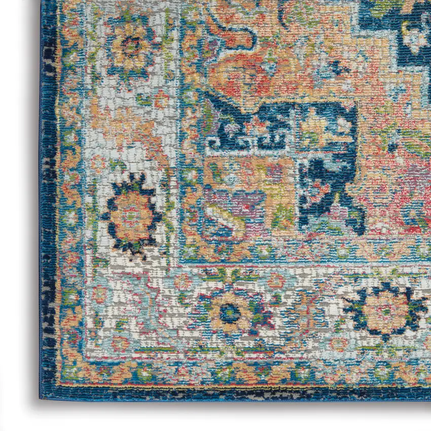 Ivory Blue and Orange Floral Medallion Distressed Non Skid Area Rug Photo 8
