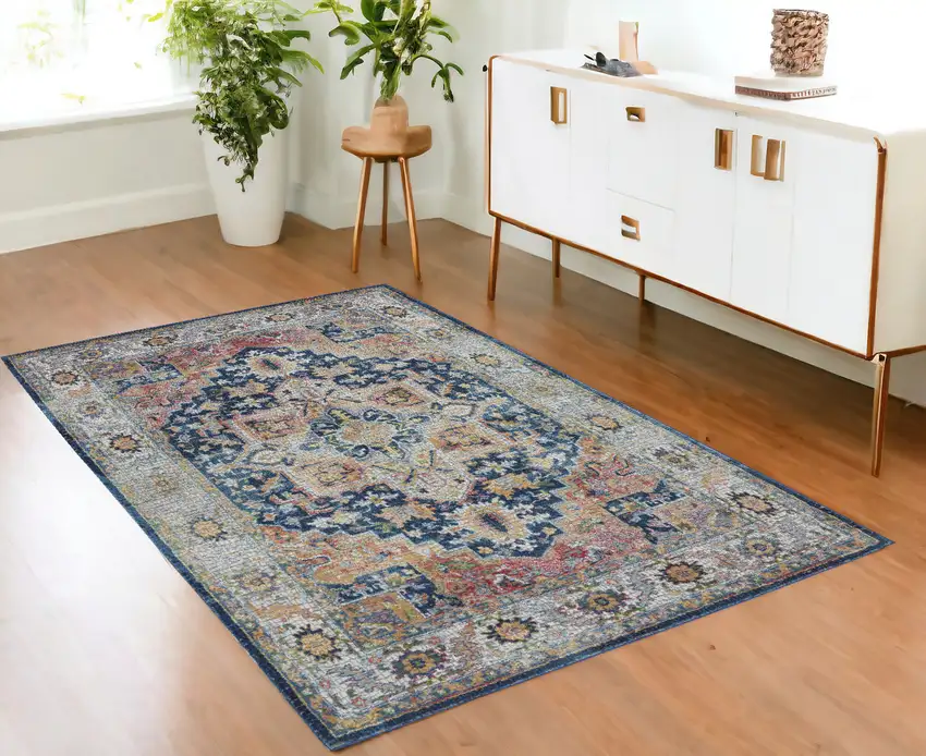 Ivory Blue and Orange Floral Medallion Distressed Non Skid Area Rug Photo 1