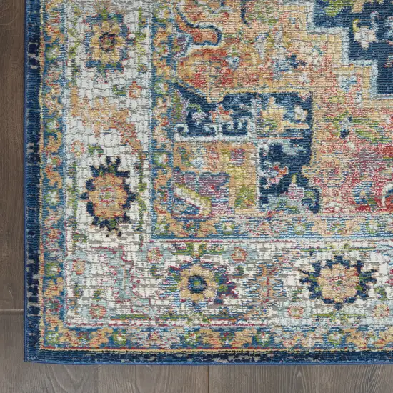 Ivory Blue and Orange Floral Medallion Distressed Non Skid Area Rug Photo 7