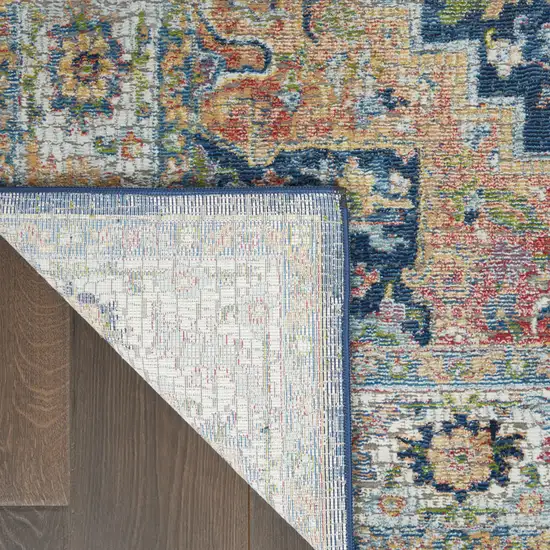 Ivory Blue and Orange Floral Medallion Distressed Non Skid Area Rug Photo 6