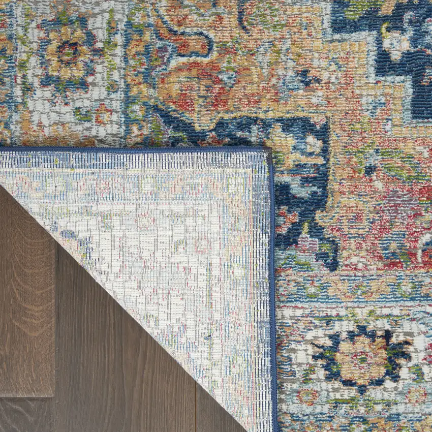 Ivory Blue and Orange Floral Medallion Distressed Non Skid Area Rug Photo 6