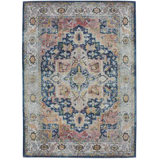 Ivory Blue and Orange Floral Medallion Distressed Non Skid Area Rug Photo 4