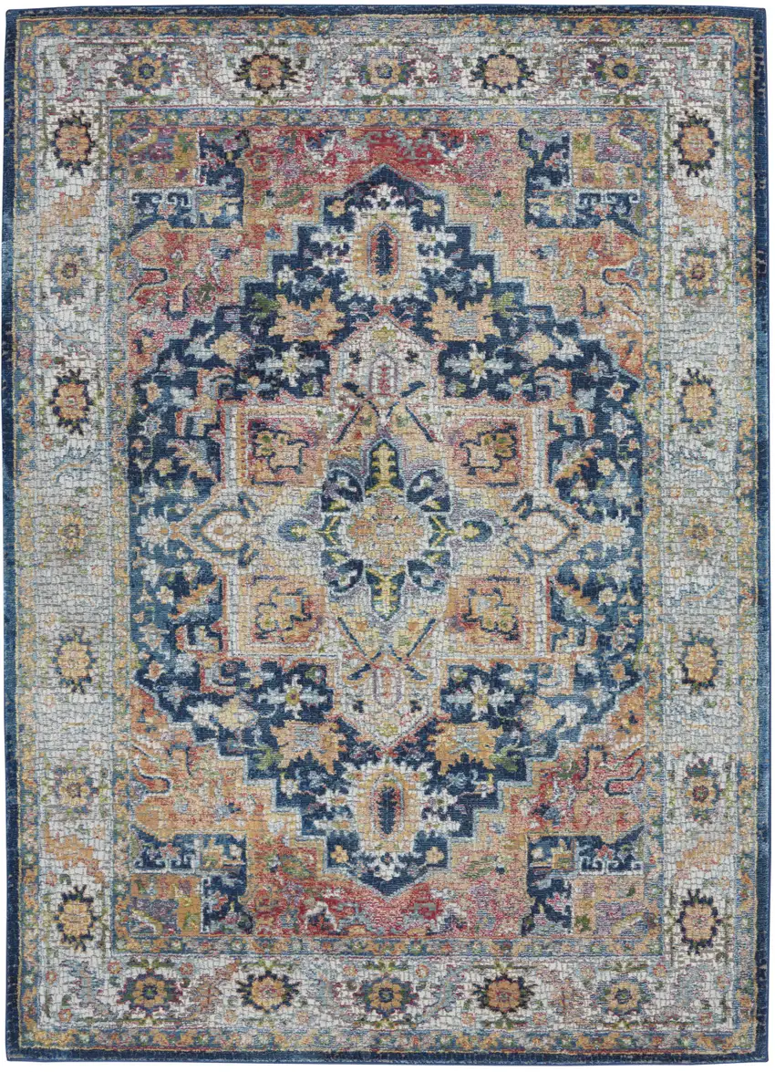Ivory Blue and Orange Floral Medallion Distressed Non Skid Area Rug Photo 4