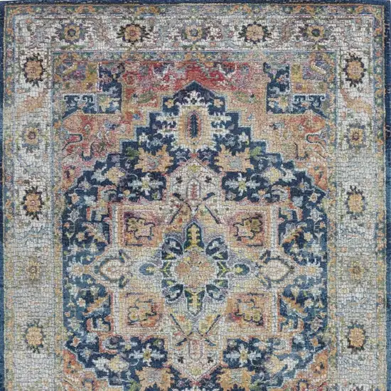 Ivory Blue and Orange Floral Medallion Distressed Non Skid Area Rug Photo 3
