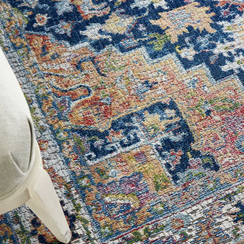 Ivory Blue and Orange Floral Medallion Distressed Non Skid Area Rug Photo 9