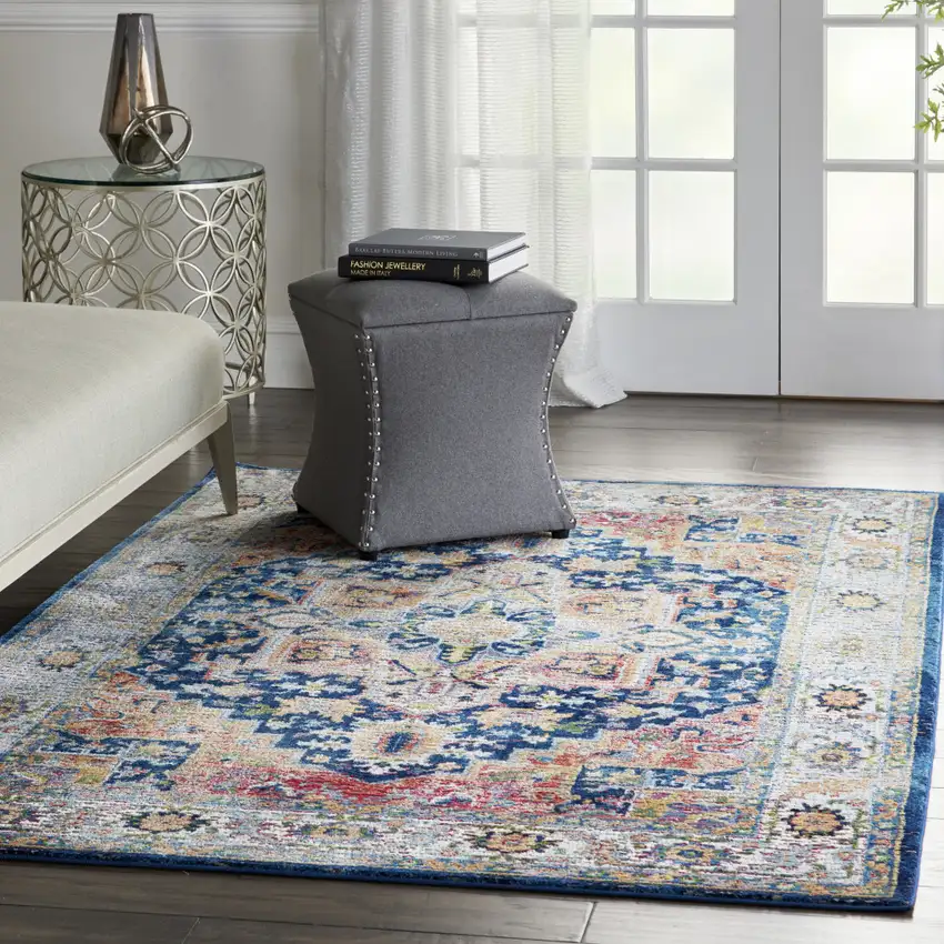 Ivory Blue and Orange Floral Medallion Distressed Non Skid Area Rug Photo 6