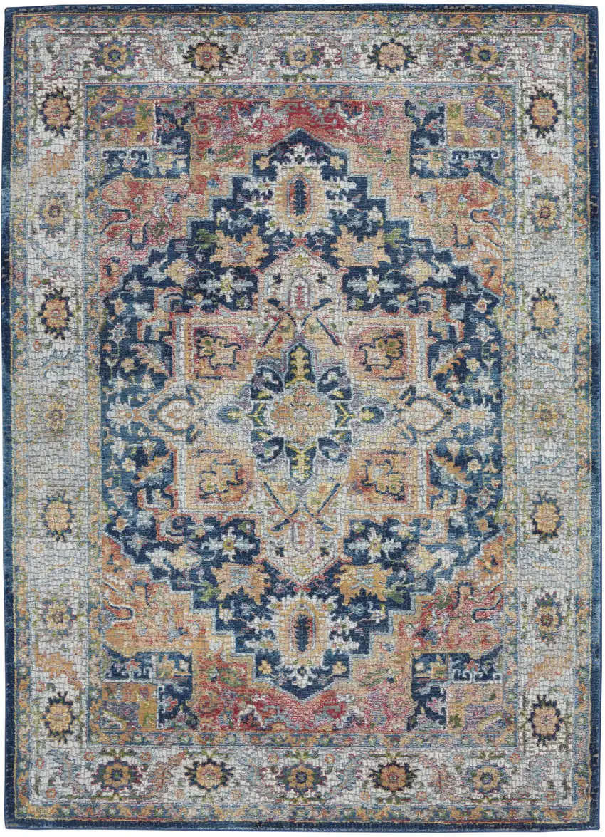Ivory Blue and Orange Floral Medallion Distressed Non Skid Area Rug Photo 2