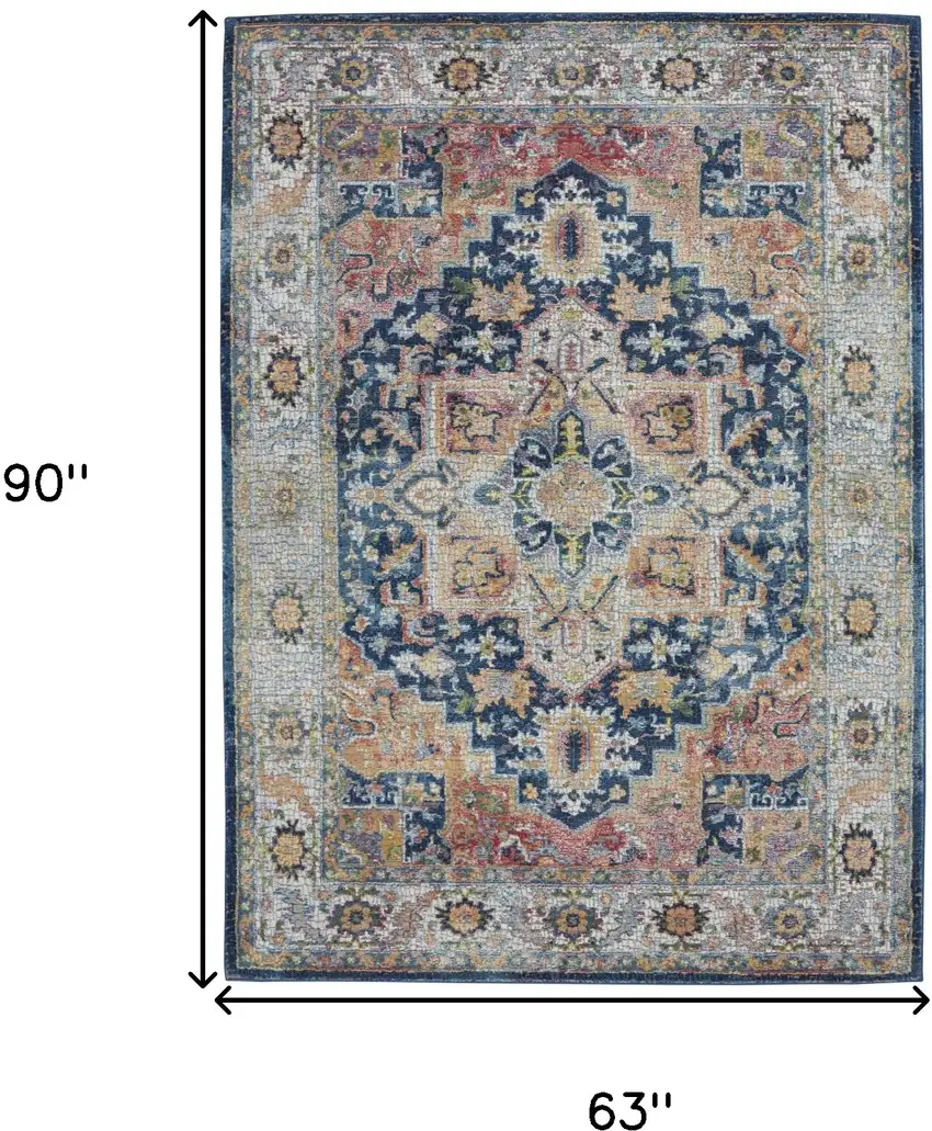 Ivory Blue and Orange Floral Medallion Distressed Non Skid Area Rug Photo 3