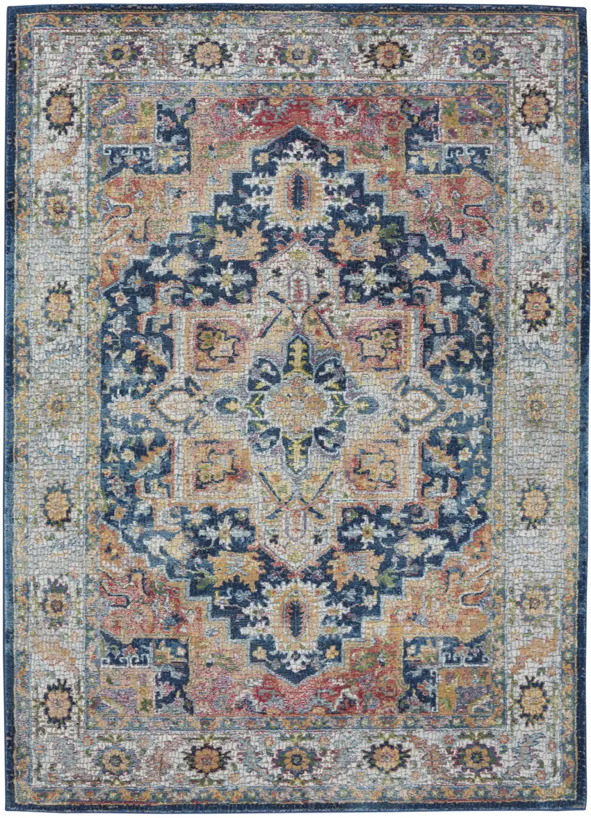 Ivory Blue and Orange Floral Medallion Distressed Non Skid Area Rug Photo 5