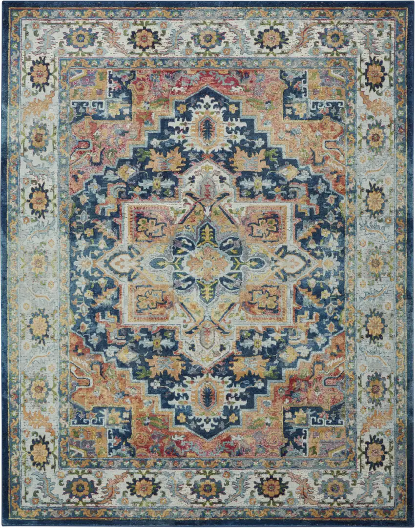 Ivory Blue and Orange Floral Medallion Distressed Non Skid Area Rug Photo 4