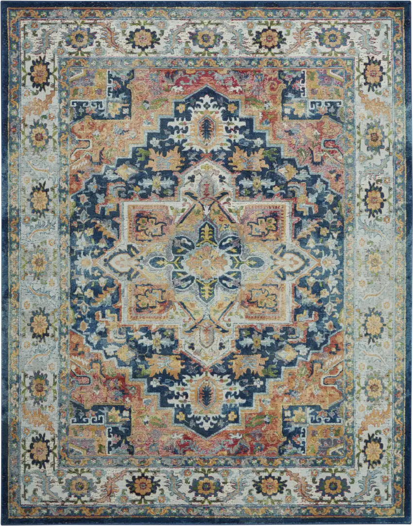 Ivory Blue and Orange Floral Medallion Distressed Non Skid Area Rug Photo 2