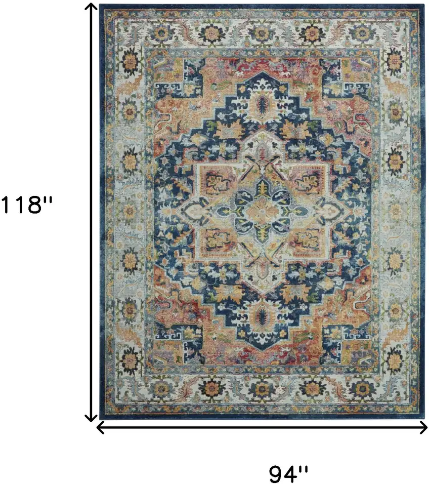 Ivory Blue and Orange Floral Medallion Distressed Non Skid Area Rug Photo 3