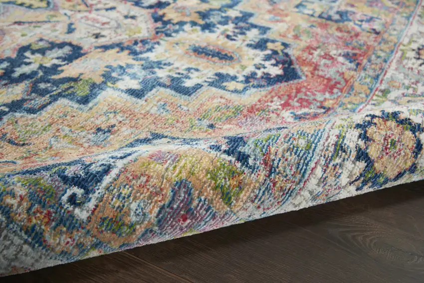 Ivory Blue and Orange Floral Medallion Distressed Non Skid Area Rug Photo 6