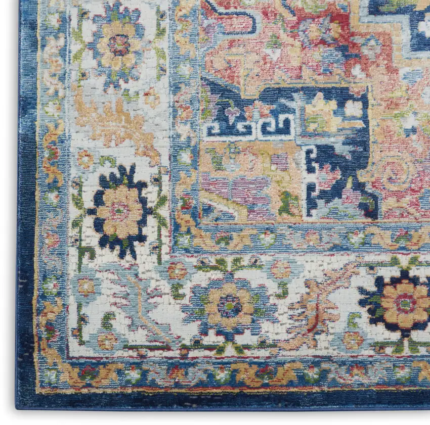 Ivory Blue and Orange Floral Medallion Distressed Non Skid Area Rug Photo 4