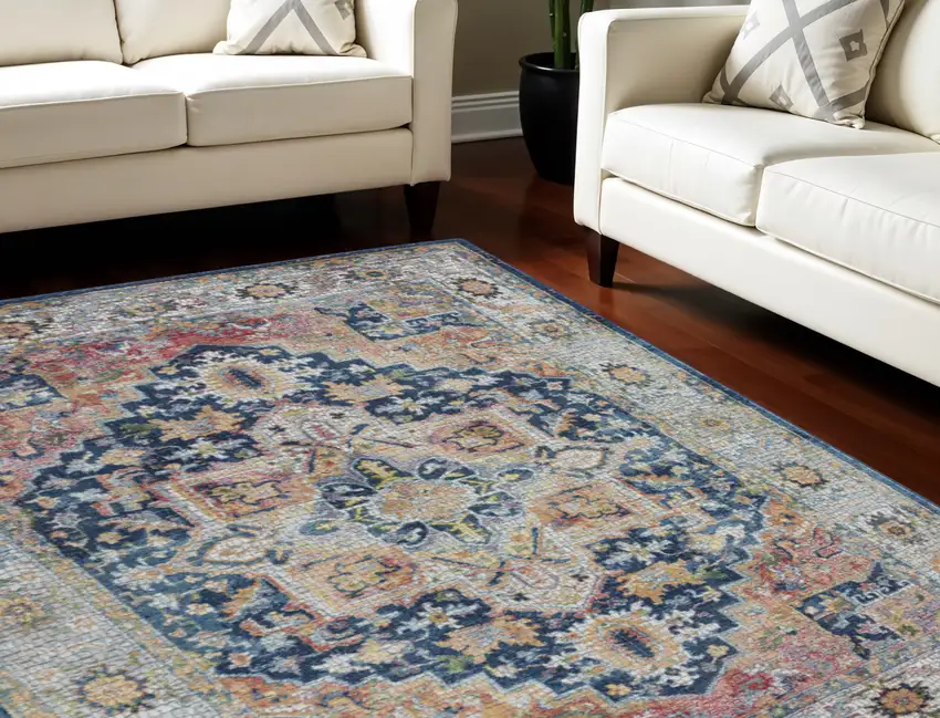 Ivory Blue and Orange Floral Medallion Distressed Non Skid Area Rug Photo 1