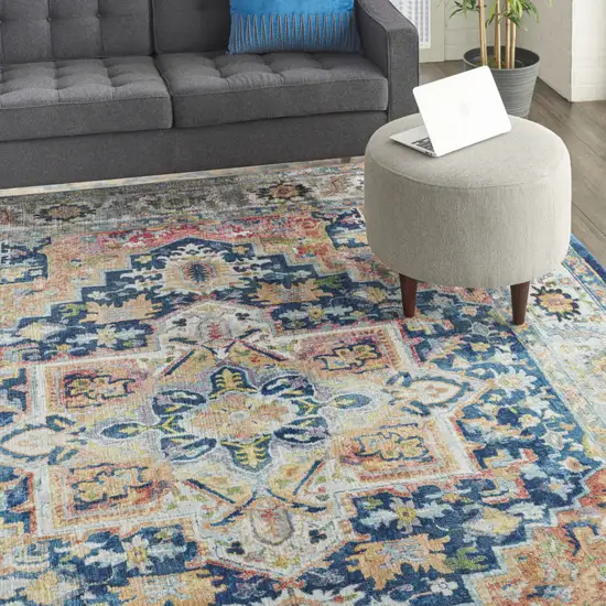 Ivory Blue and Orange Floral Medallion Distressed Non Skid Area Rug Photo 7