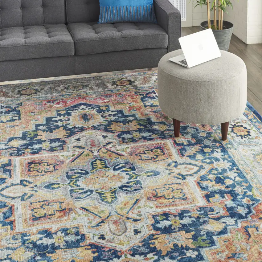 Ivory Blue and Orange Floral Medallion Distressed Non Skid Area Rug Photo 7