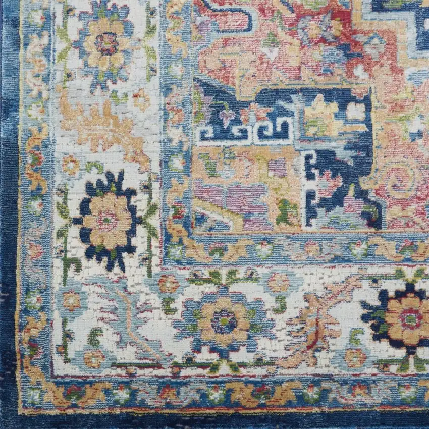Ivory Blue and Orange Floral Medallion Distressed Non Skid Area Rug Photo 5