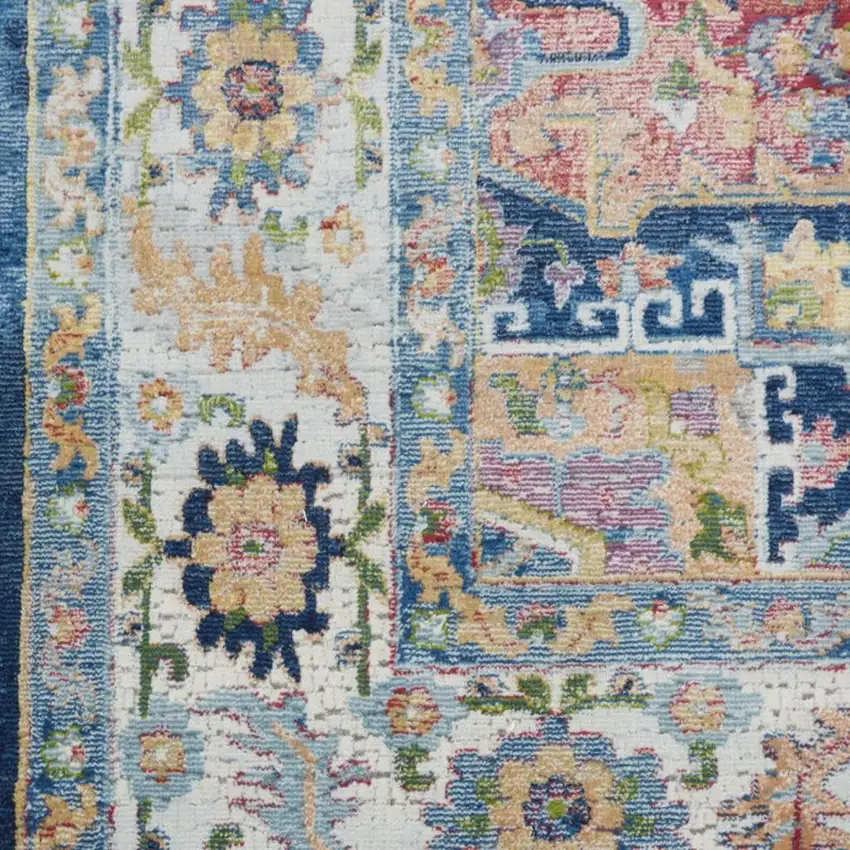 Ivory Blue and Orange Floral Medallion Distressed Non Skid Area Rug Photo 2