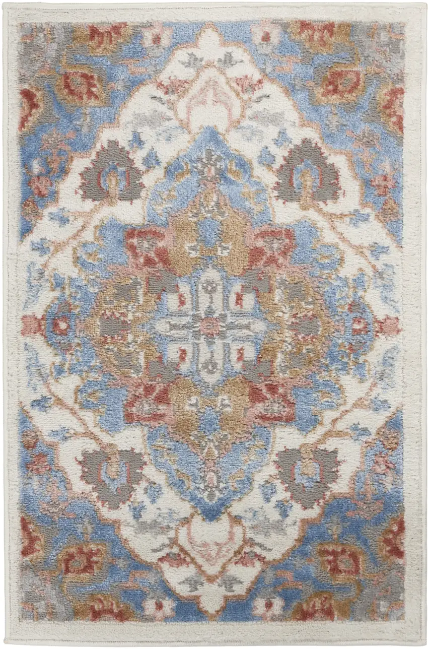 Ivory Blue and Orange Floral Non Skid Area Rug Photo 2