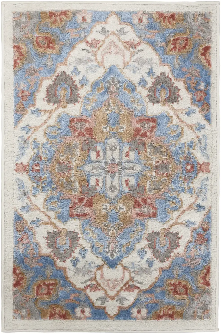 Ivory Blue and Orange Floral Non Skid Area Rug Photo 5
